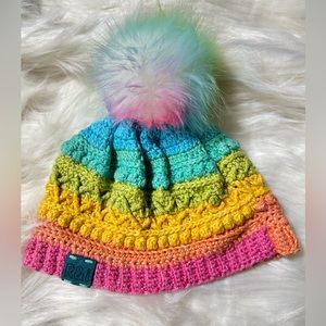 Crochet Beanie-Rainbow w/Removable Pom
